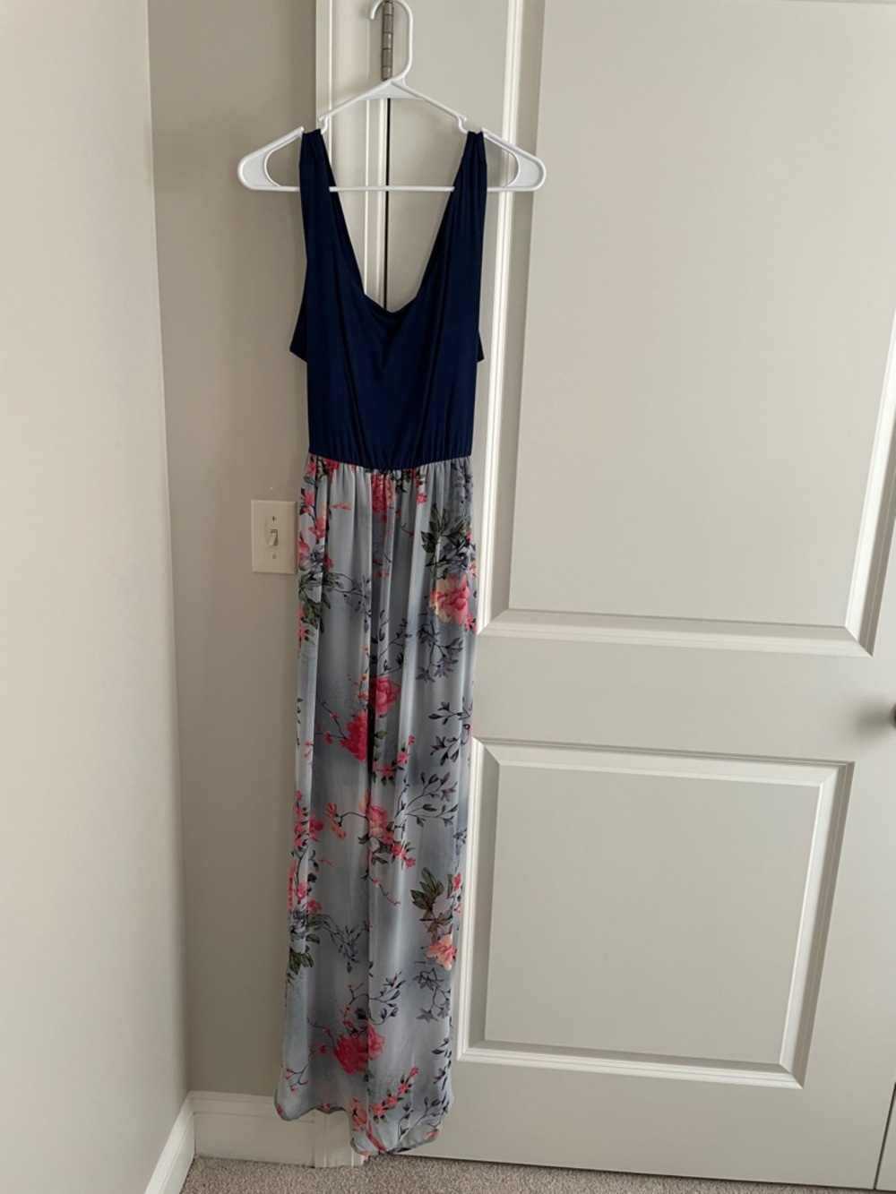 Navy and Gray Floral Maxi Dress with Pink Accents